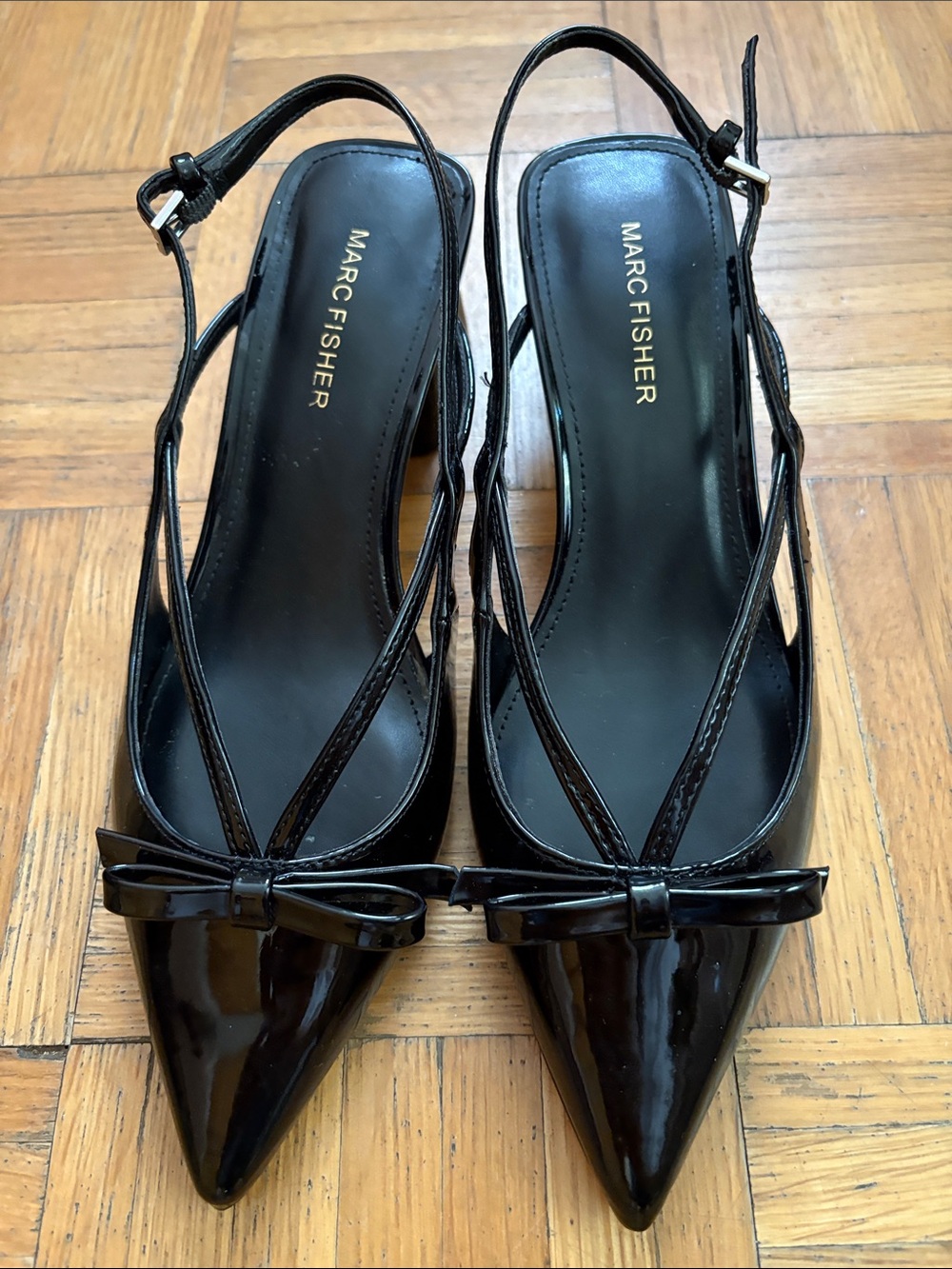 Marc Fisher Labela Black Patent Slingback Kitten Heel Bow Pump Size 7.5